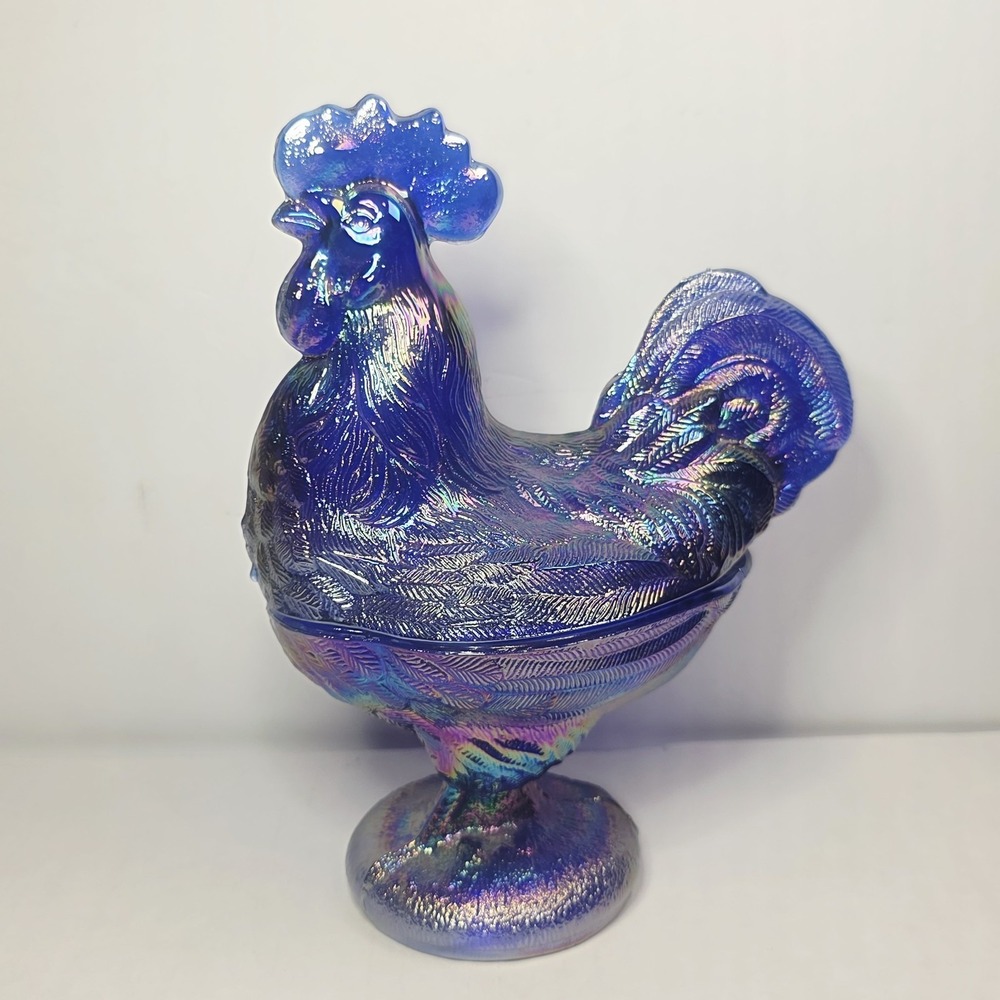 VINTAGE CARNIVAL GLASS 9'' STANDING ROOSTER CANDY DISH